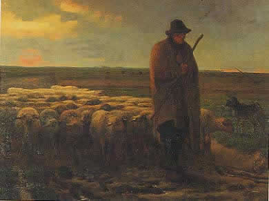 黄昏时带羊回去的牧羊人